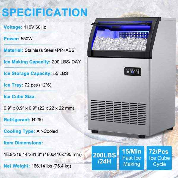 Velivi 200 Lb. Daily Production Cube Clear Ice Stainless Steel Under
